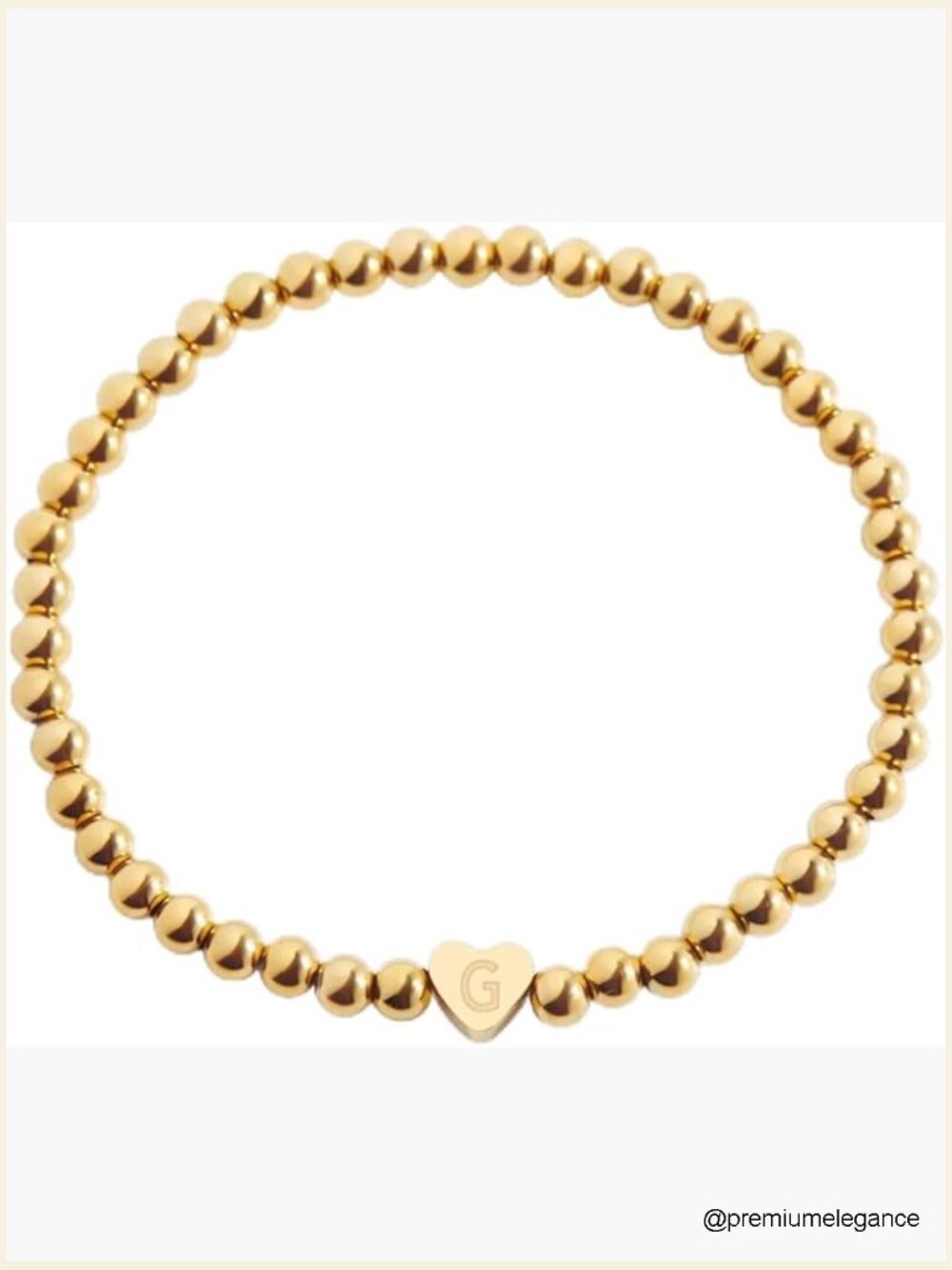 Gold Beaded Stretch Bracelet with Heart Initial, 6.5 Inches